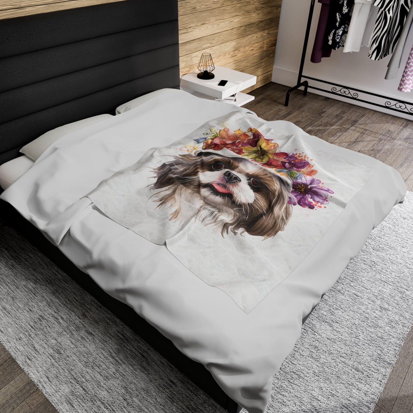 Shih Tzu With Flowers Hat Velveteen Plush Blanket - Shih Tzu Gifts