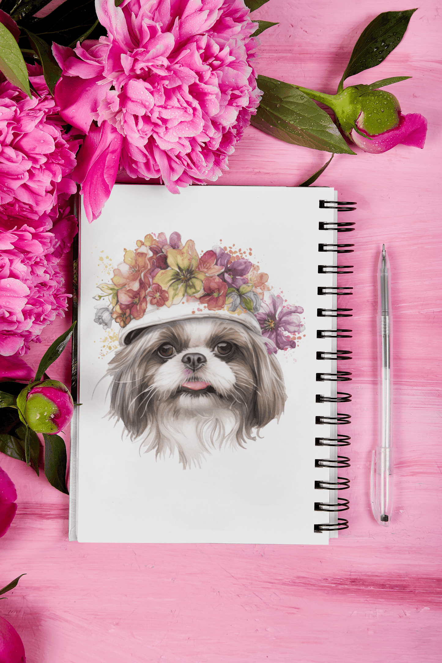 Shih Tzu With Flower Hat Ruled Line Spiral Notebook - Shih Tzu Gifts