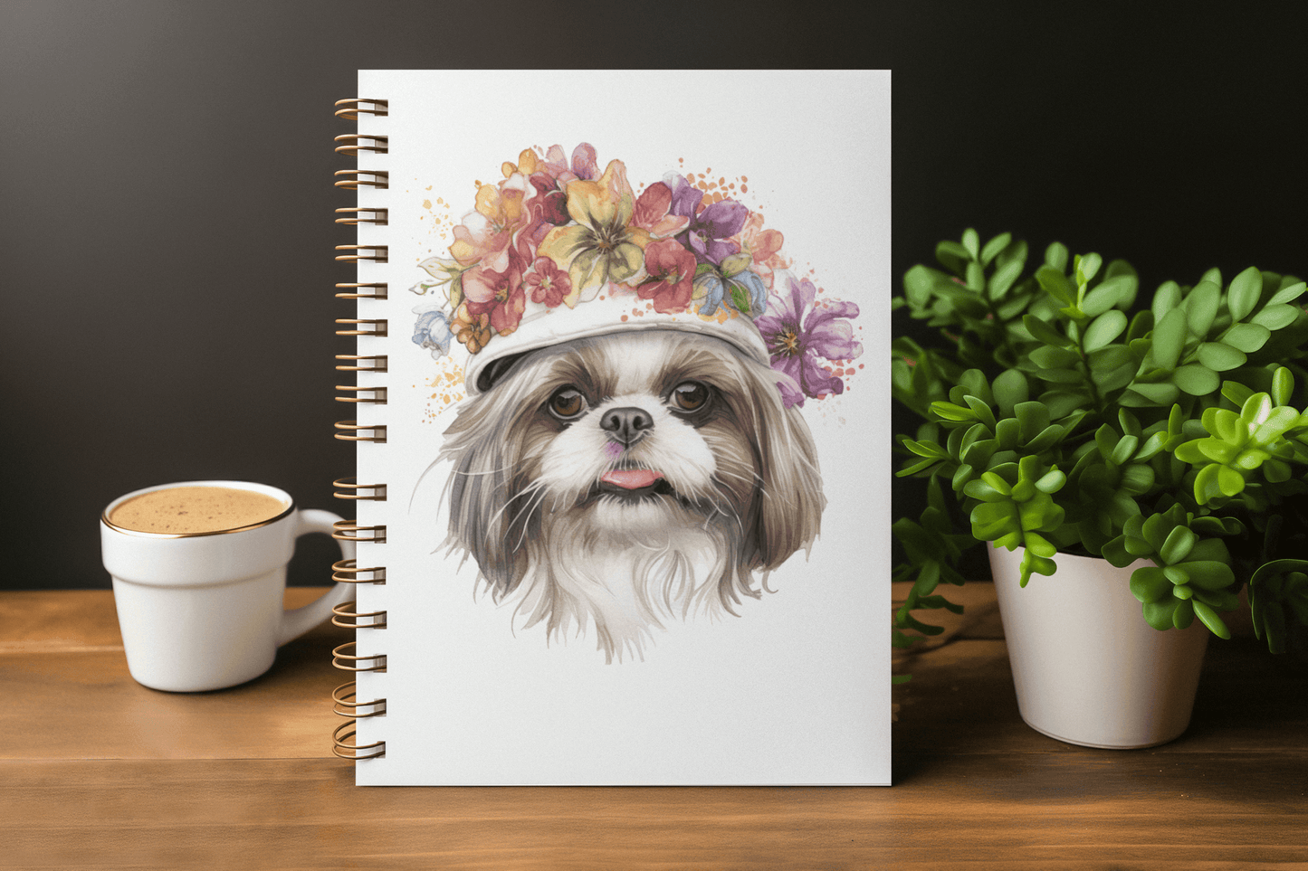 Shih Tzu With Flower Hat Ruled Line Spiral Notebook - Shih Tzu Gifts