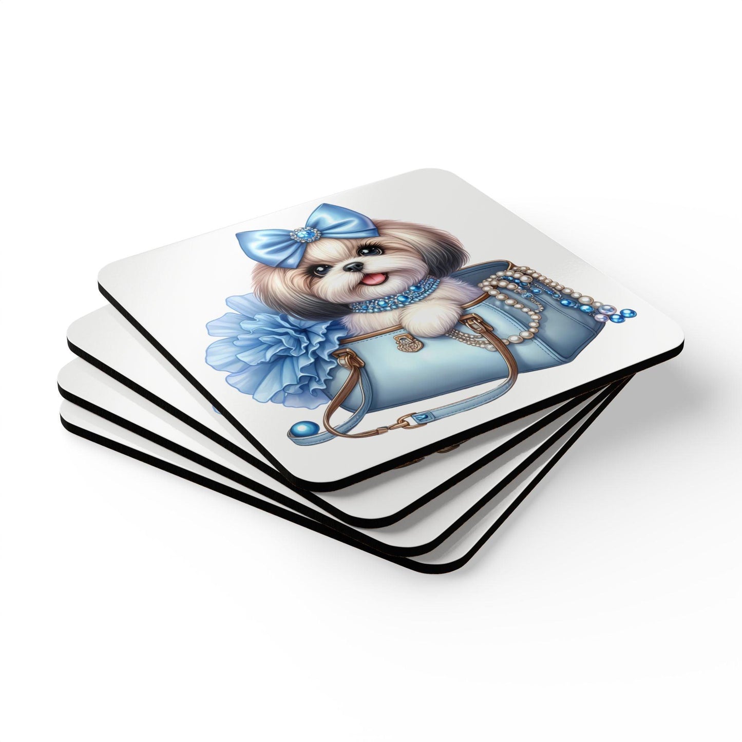 Blue Bow Shih Tzu Corkwood Coaster Set - Shih Tzu Gifts