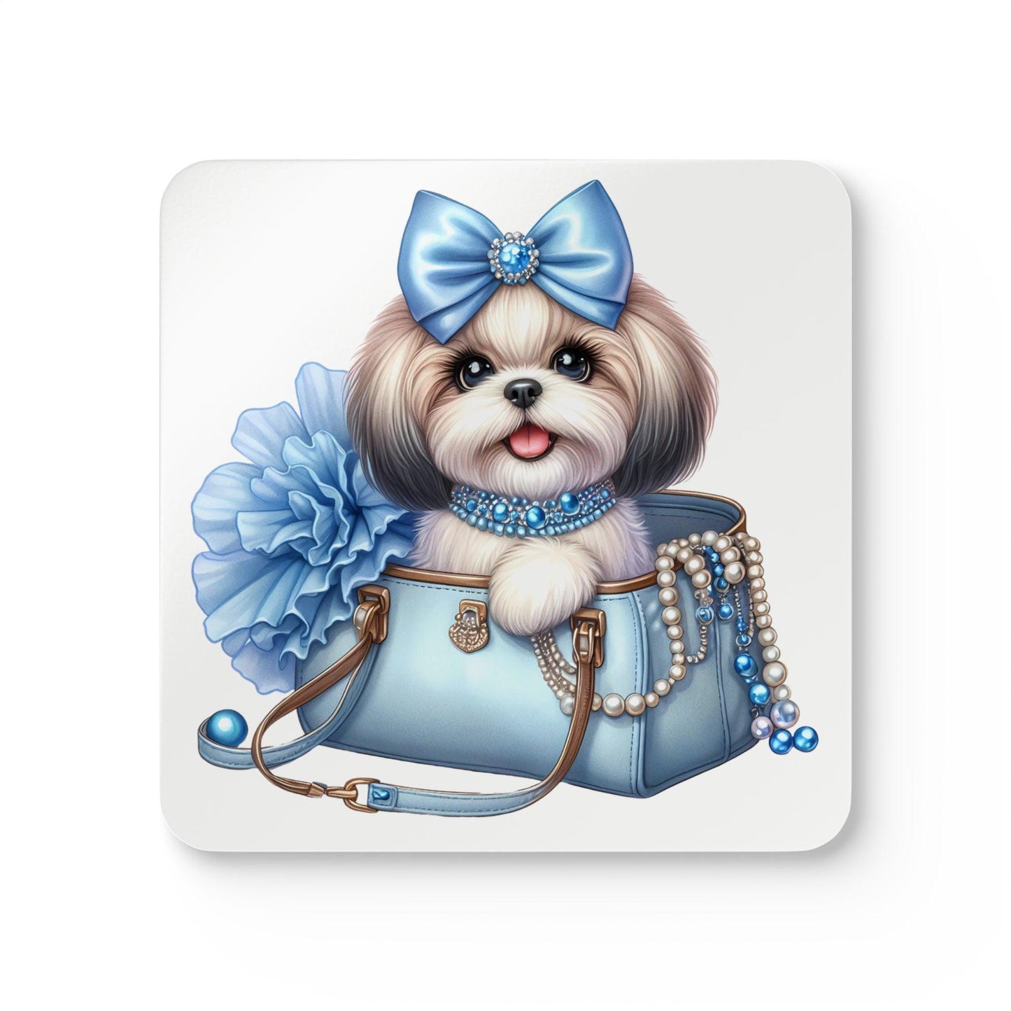 Blue Bow Shih Tzu Corkwood Coaster Set - Shih Tzu Gifts