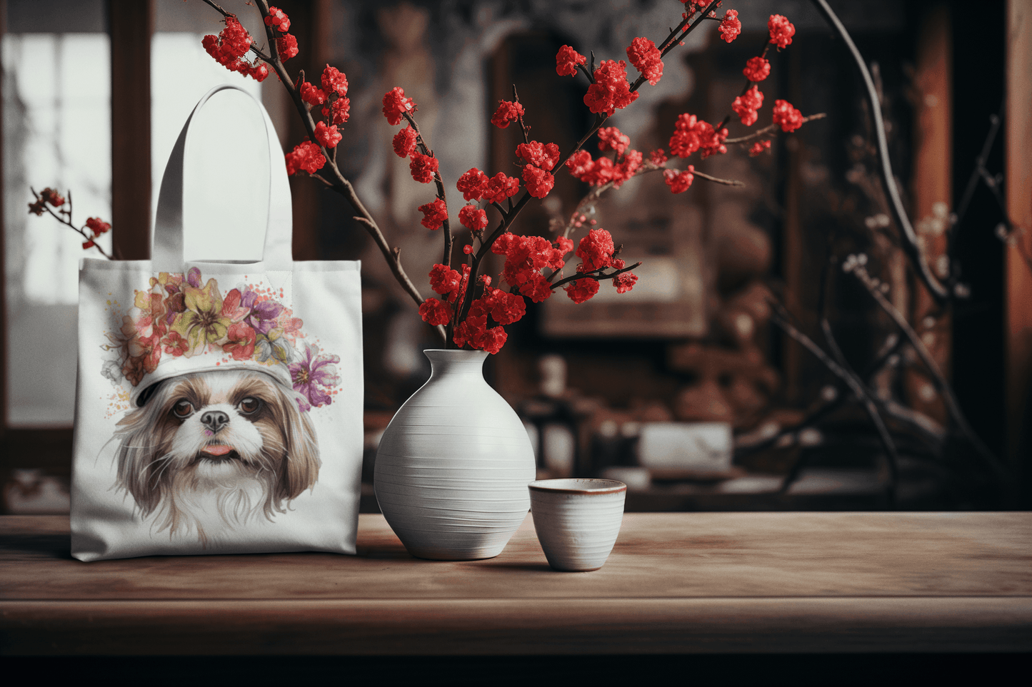 Shih Tzu With Flower Hat Tote Bag White - Shih Tzu Gifts