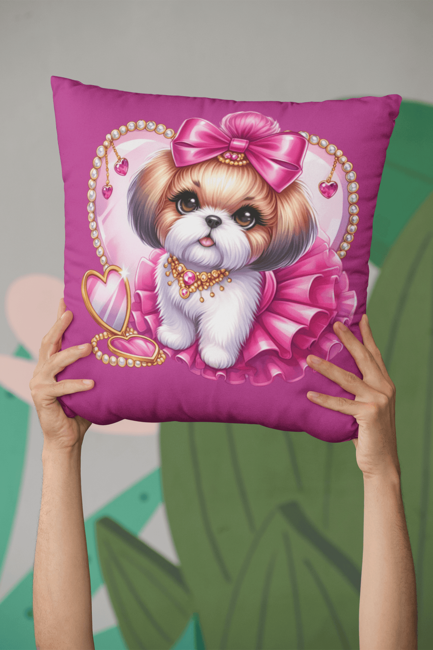 Pink Bow Shih Tzu Square Pillow - Shih Tzu Gifts
