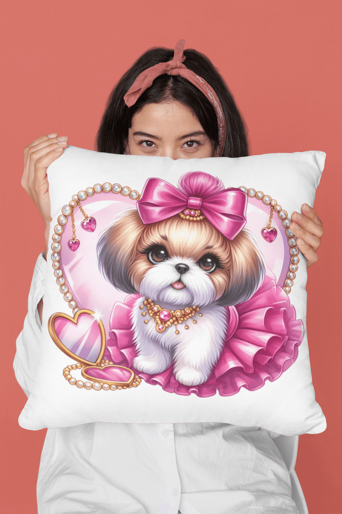 Pink Bow Shih Tzu Square Pillow - Shih Tzu Gifts