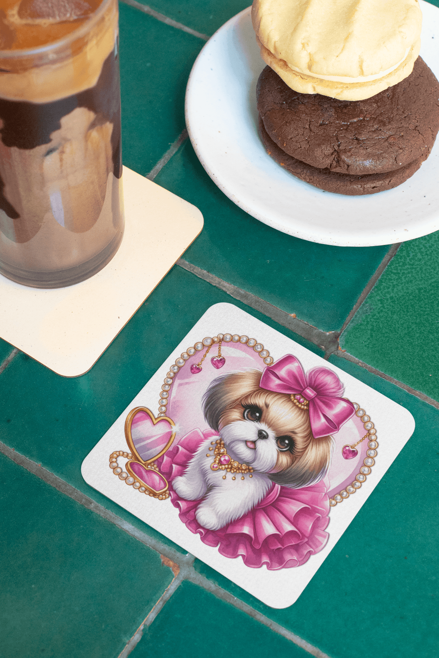 Pink Bow Shih Tzu Corkwood Coaster Set - Shih Tzu Gifts