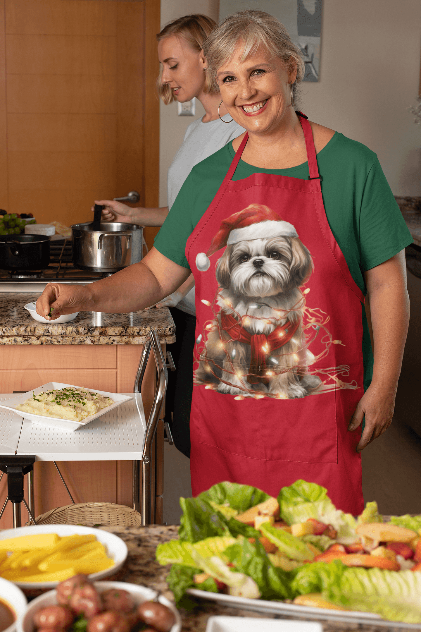 Shih Tzu Wearing a Christmas Hat and Wrapped in Lights Apron - Shih Tzu Gifts