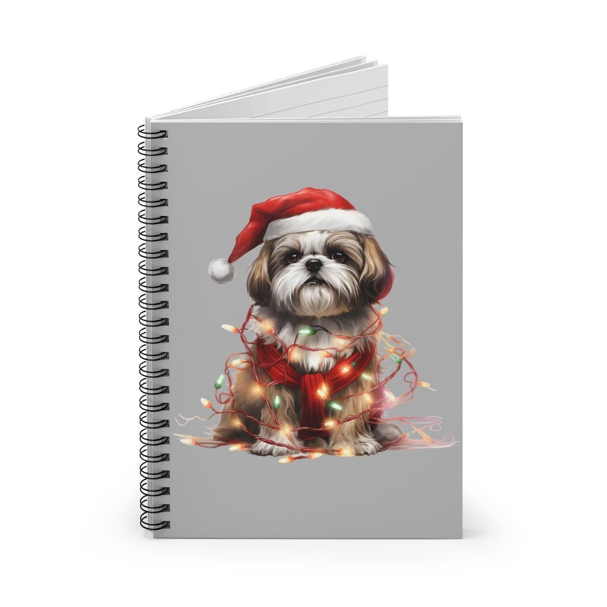 Shih Tzu Wearing a Christmas Hat and Wrapped in Lights Spiral Notebook - Shih Tzu Gifts