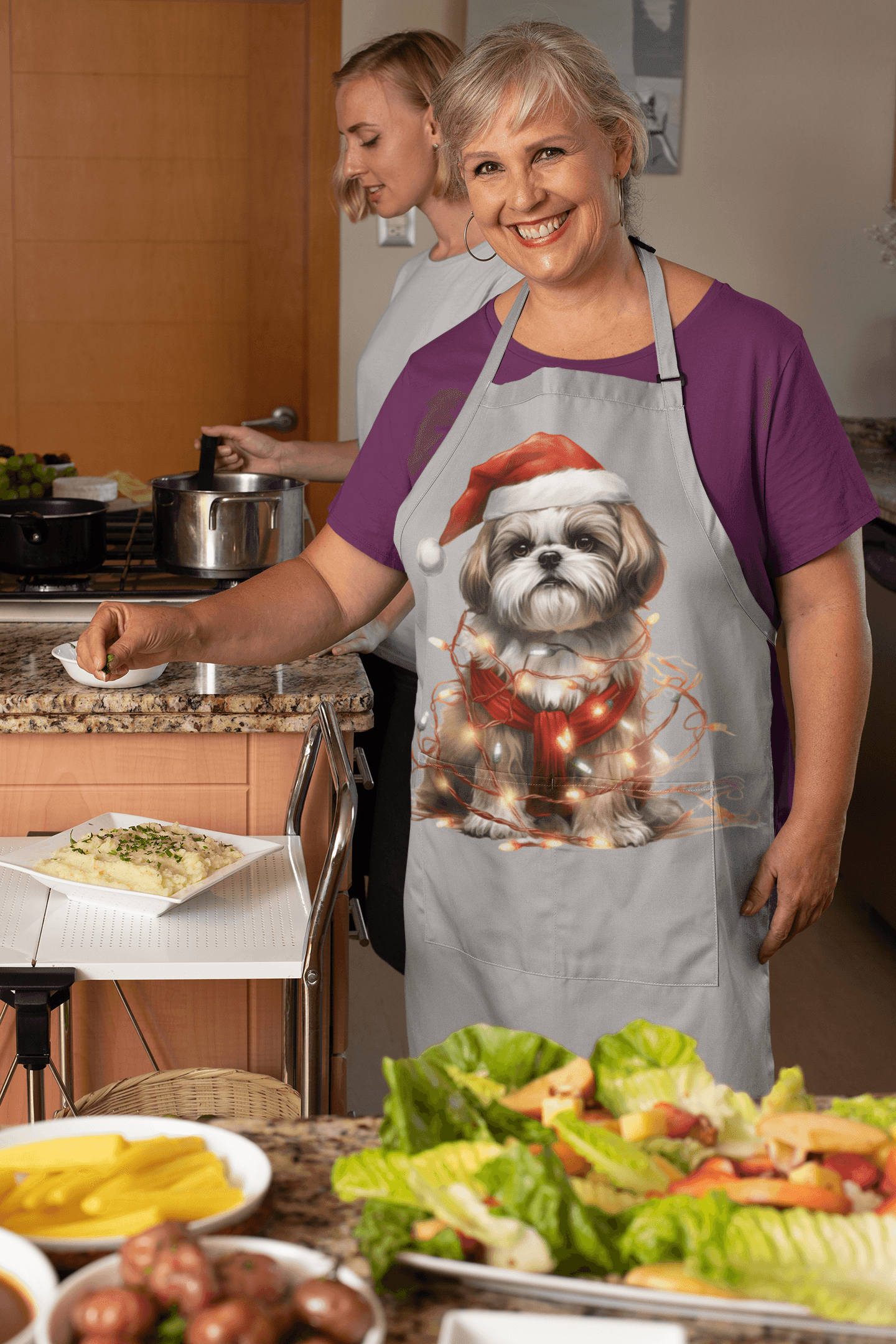 Shih Tzu Wearing a Christmas Hat and Wrapped in Lights Apron - Shih Tzu Gifts
