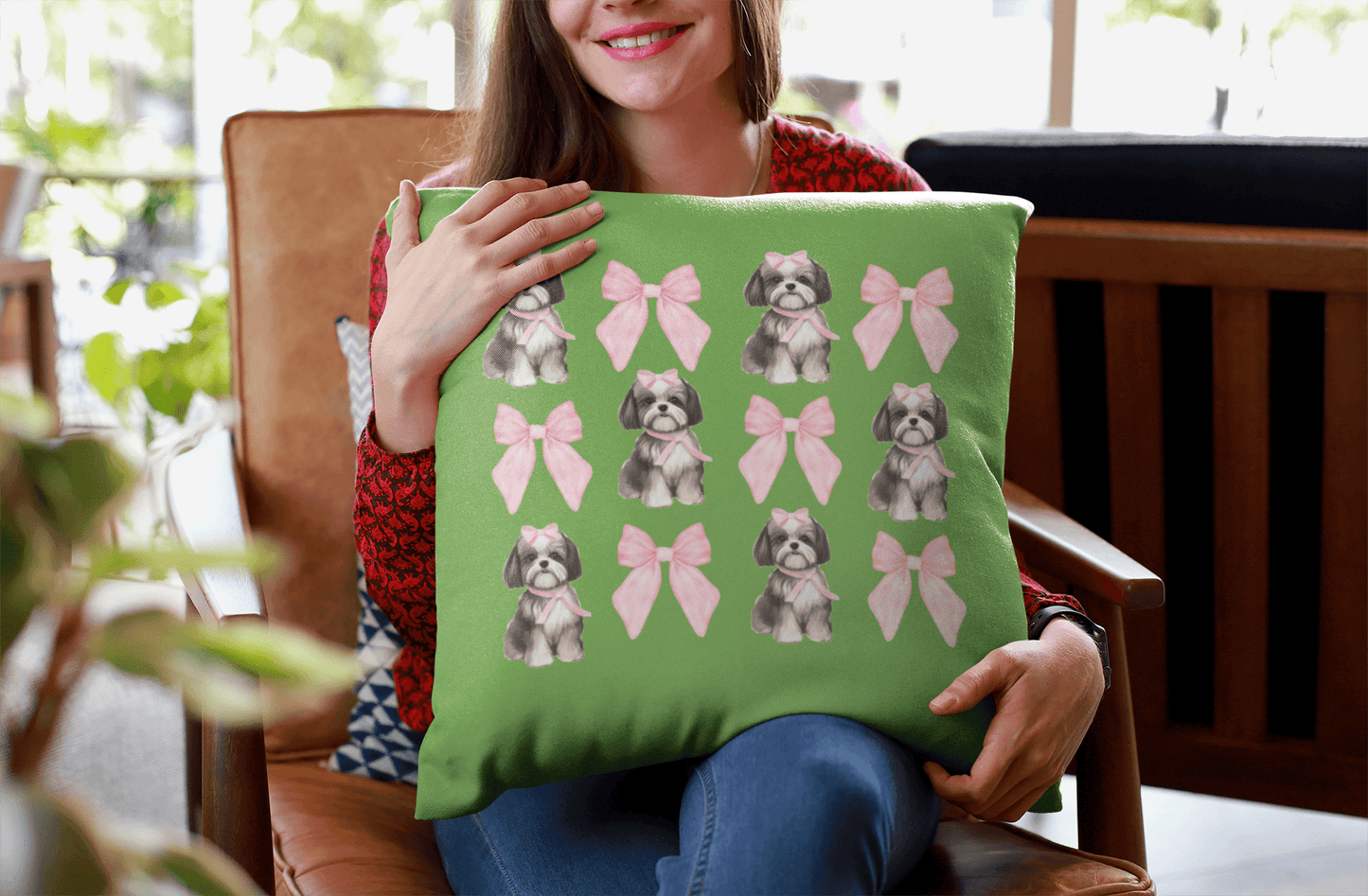 Shih Tzu with Pink Bows Pillow - Cute Gift for Shih Tzu Lovers