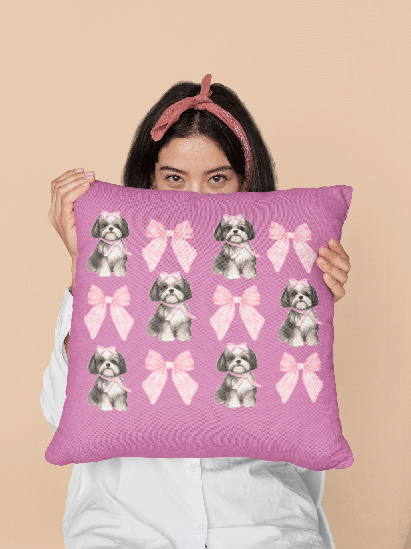 Shih Tzu with Pink Bows Pillow - Cute Gift for Shih Tzu Lovers