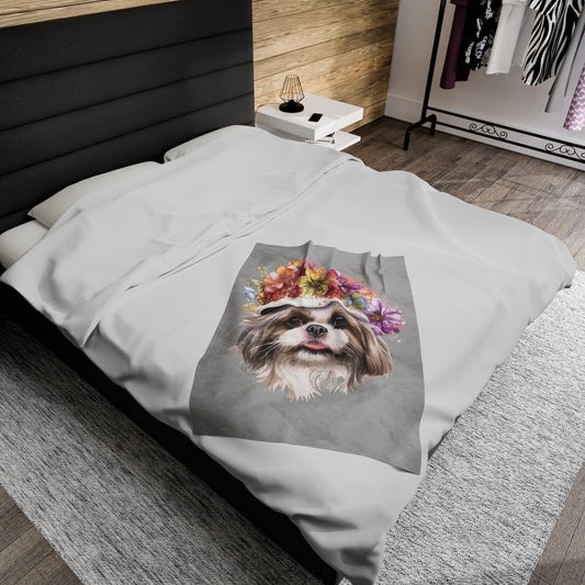 Shih Tzu With Flowers Hat Velveteen Plush Blanket