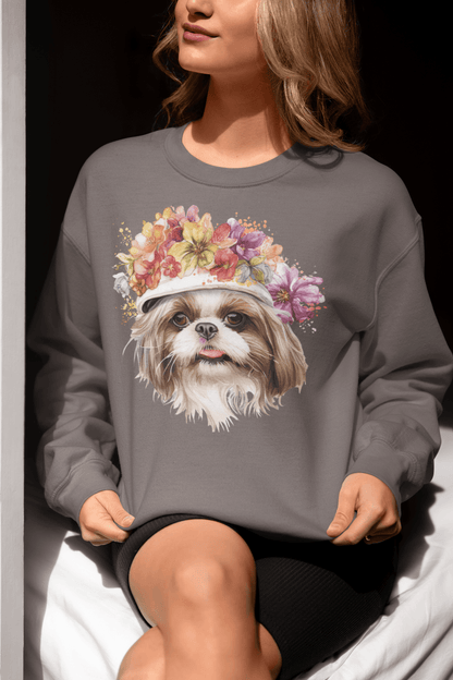 Shih Tzu With Flowers Hat Sweatshirt - Shih Tzu Gifts