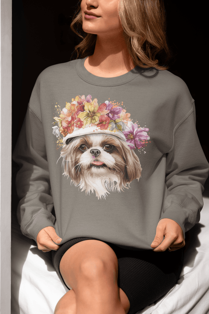 Shih Tzu With Flowers Hat Sweatshirt - Shih Tzu Gifts