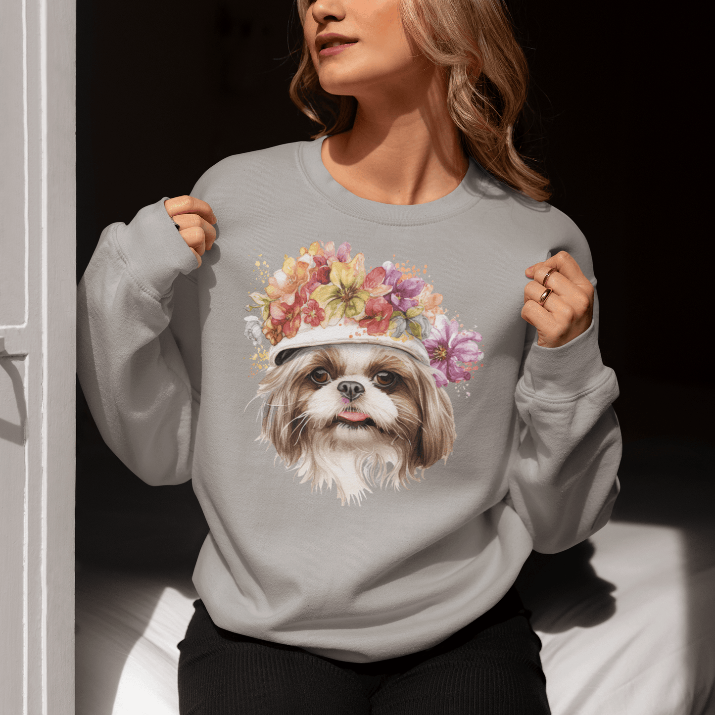 Shih Tzu With Flowers Hat Sweatshirt - Shih Tzu Gifts