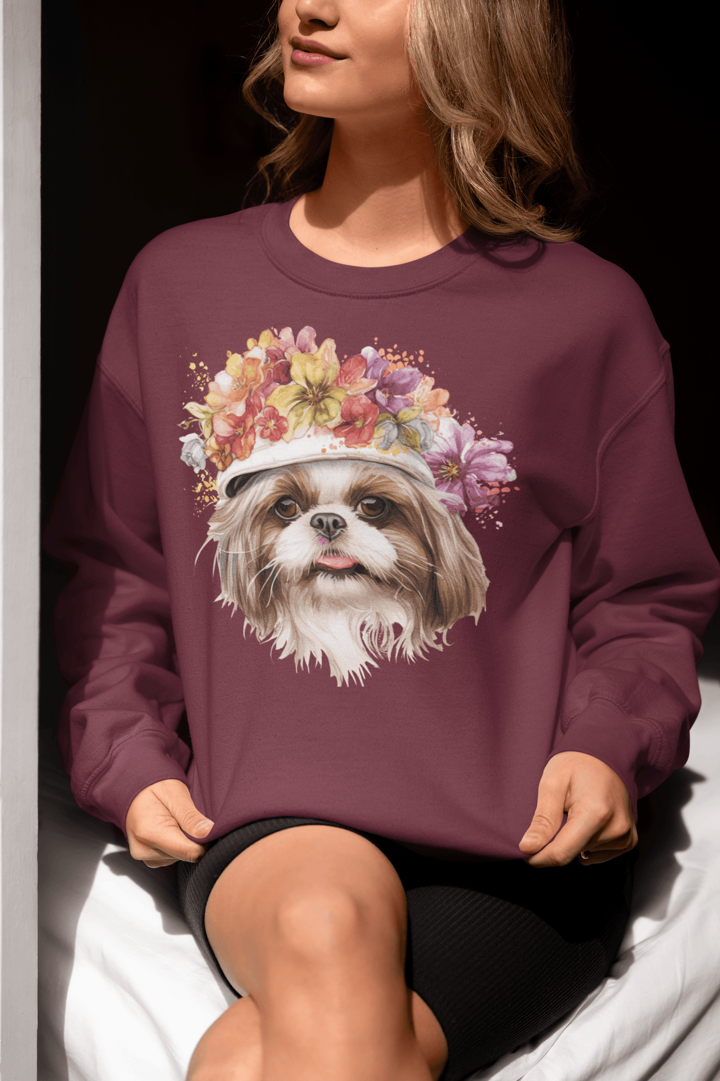 Shih Tzu With Flowers Hat Sweatshirt - Shih Tzu Gifts