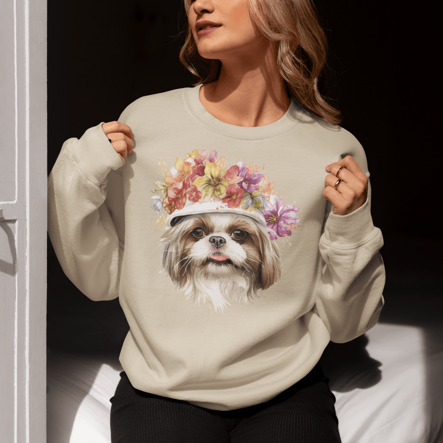 Shih Tzu With Flowers Hat Sweatshirt - Shih Tzu Gifts