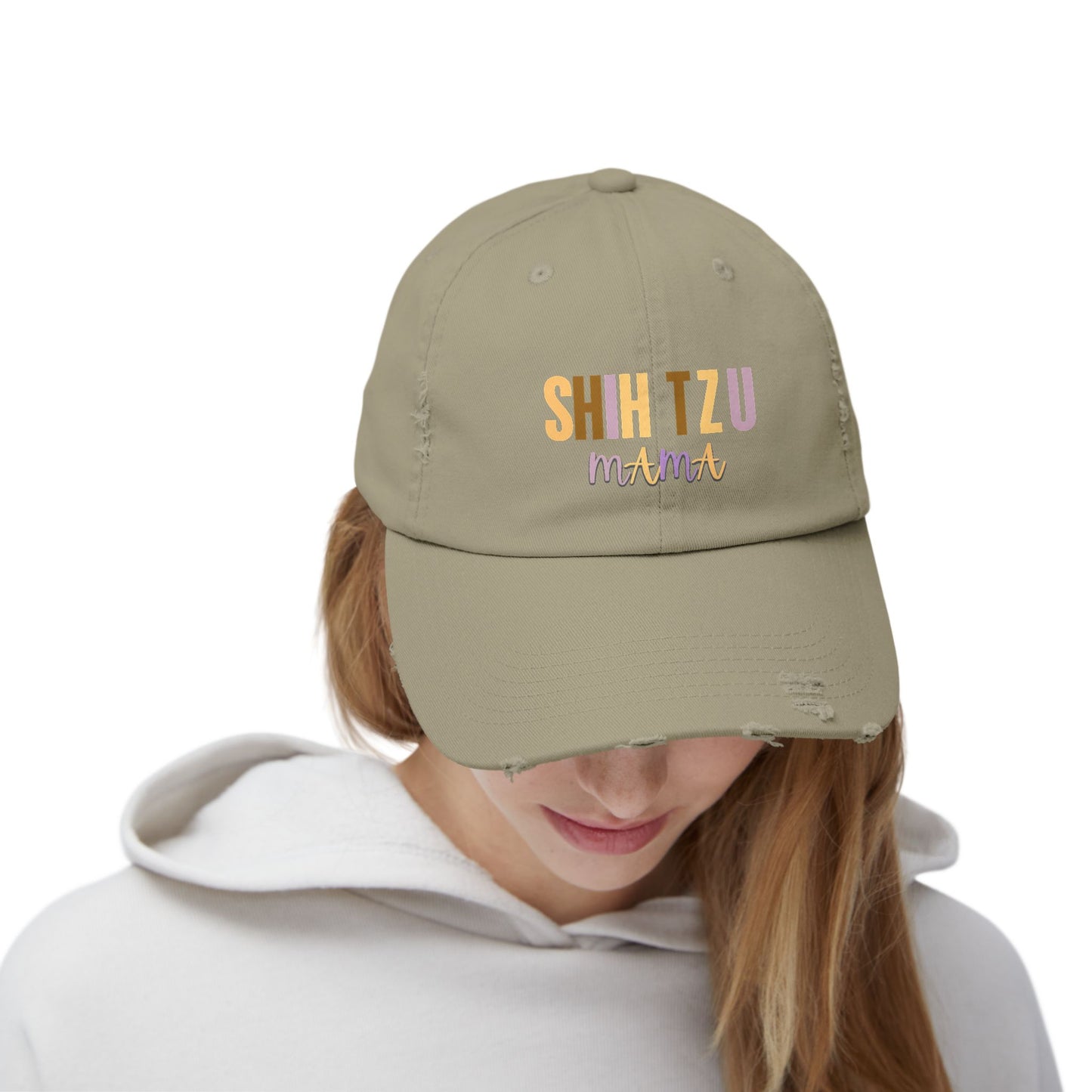 Colorful Shih Tzu Mama Distressed Hat – Adjustable Cotton Twill Cap