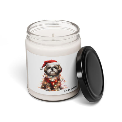 Shih Tzu Wearing a Christmas Hat and Wrapped in Lights Scented Soy Candle - Shih Tzu Gifts