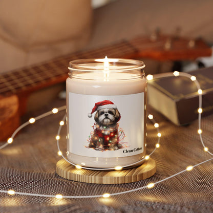 Shih Tzu Wearing a Christmas Hat and Wrapped in Lights Scented Soy Candle - Shih Tzu Gifts