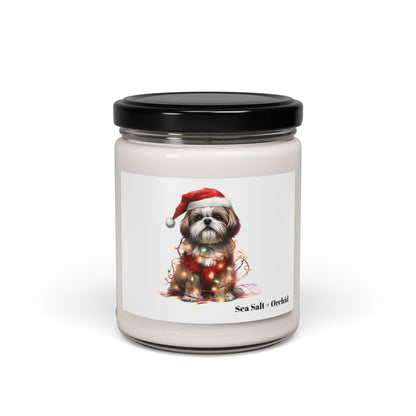 Shih Tzu Wearing a Christmas Hat and Wrapped in Lights Scented Soy Candle - Shih Tzu Gifts