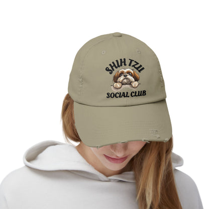 Shih Tzu Social Club Distressed Hat – Adjustable Cotton Twill Cap