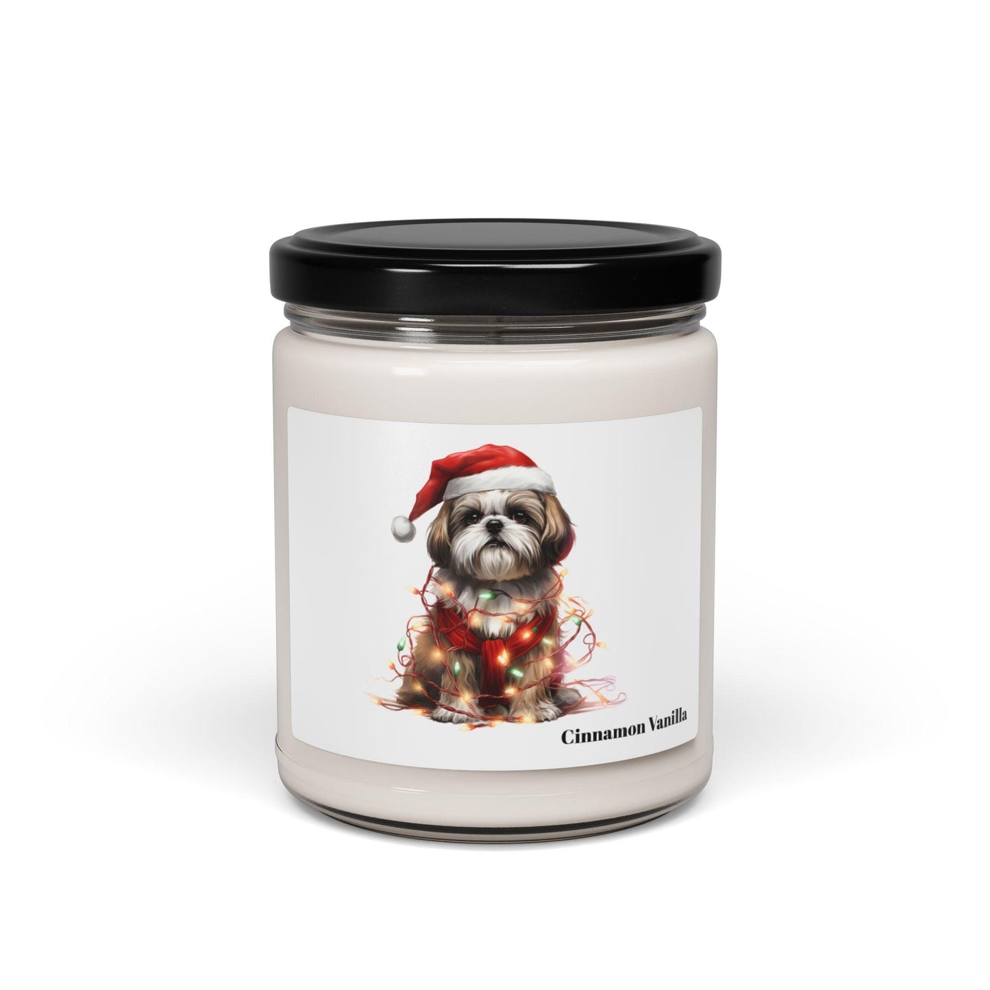 Shih Tzu Wearing a Christmas Hat and Wrapped in Lights Scented Soy Candle - Shih Tzu Gifts