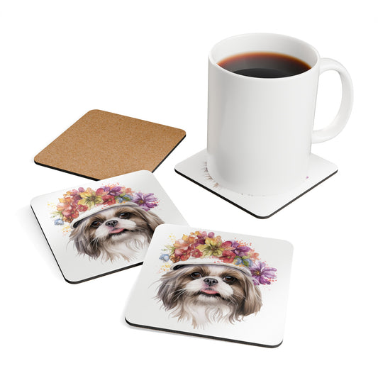 Shih Tzu With Flowers Hat Corkwood Coaster Set