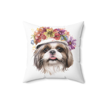 Shih Tzu With Flower Hat Square Pillow