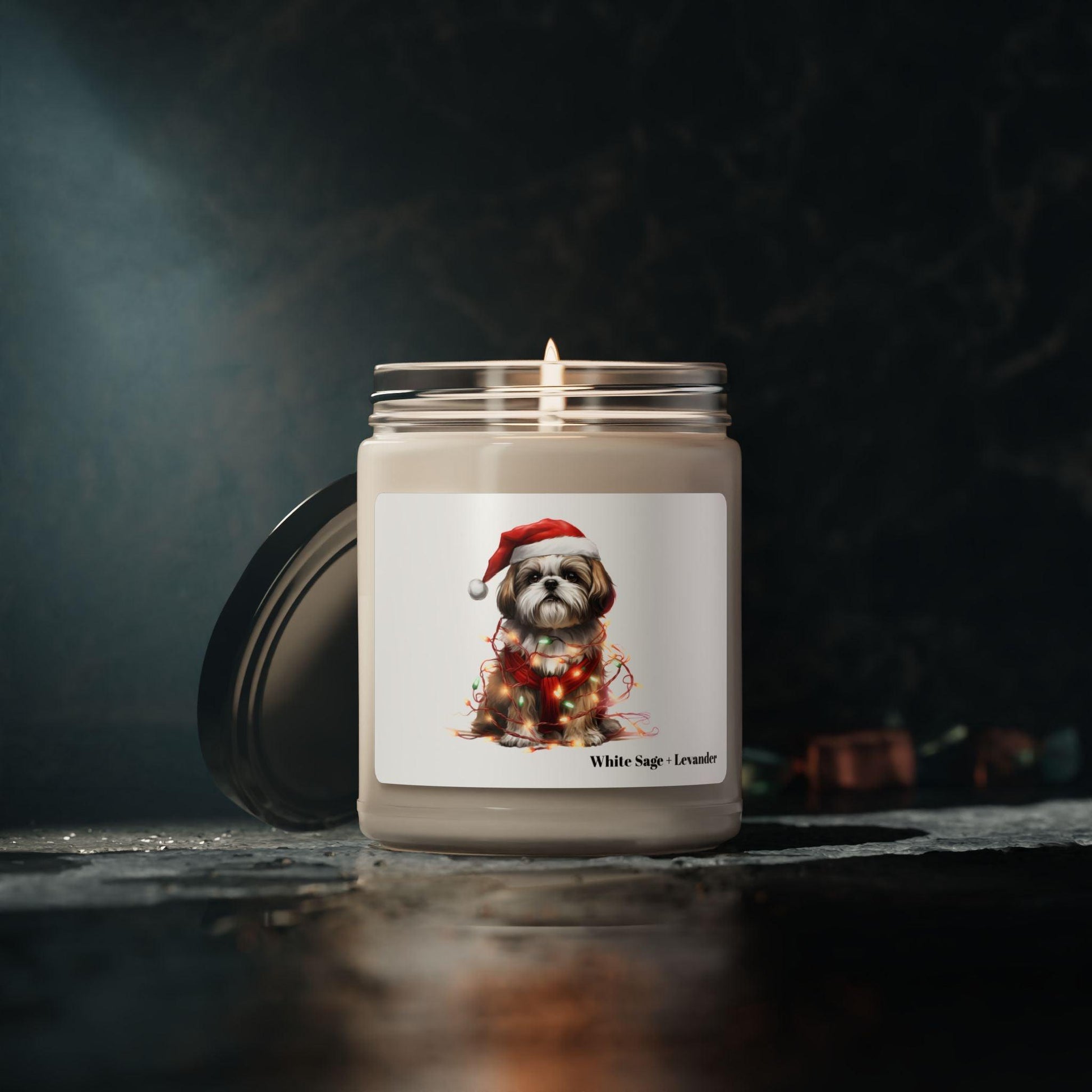 Shih Tzu Wearing a Christmas Hat and Wrapped in Lights Scented Soy Candle - Shih Tzu Gifts