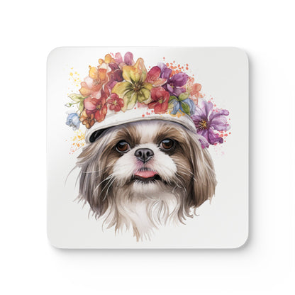 Shih Tzu With Flowers Hat Corkwood Coaster Set