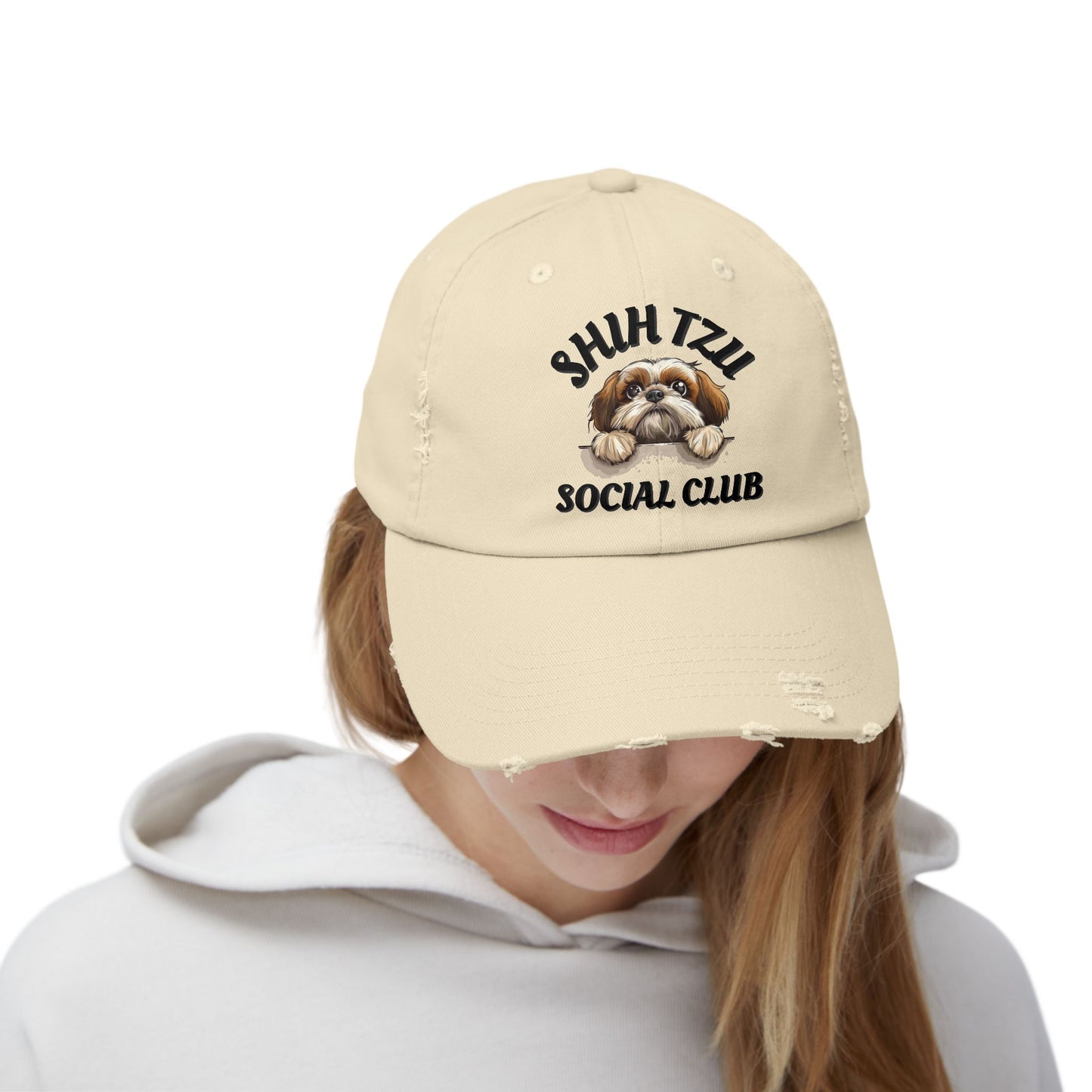 Shih Tzu Social Club Distressed Hat – Adjustable Cotton Twill Cap