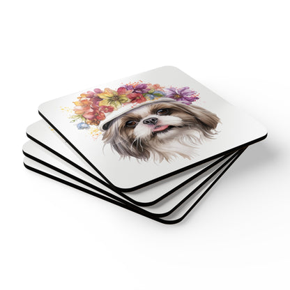 Shih Tzu With Flowers Hat Corkwood Coaster Set