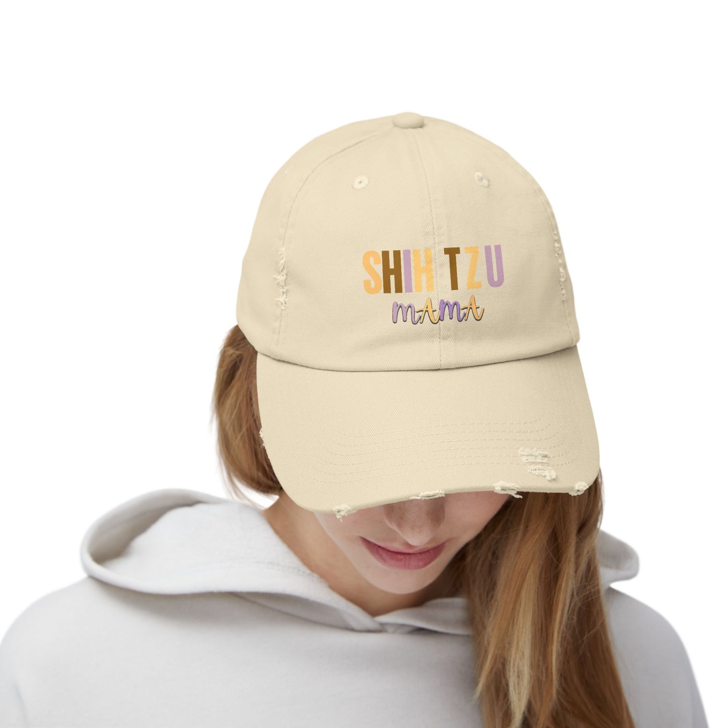 Colorful Shih Tzu Mama Distressed Hat – Adjustable Cotton Twill Cap