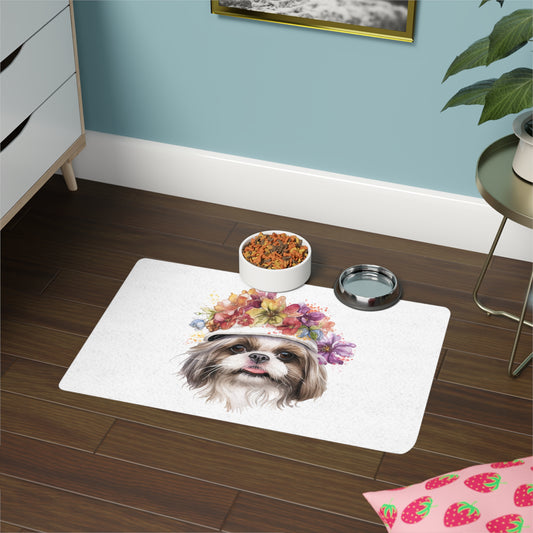 Shih Tzu With Flower Hat Pet Food Mat