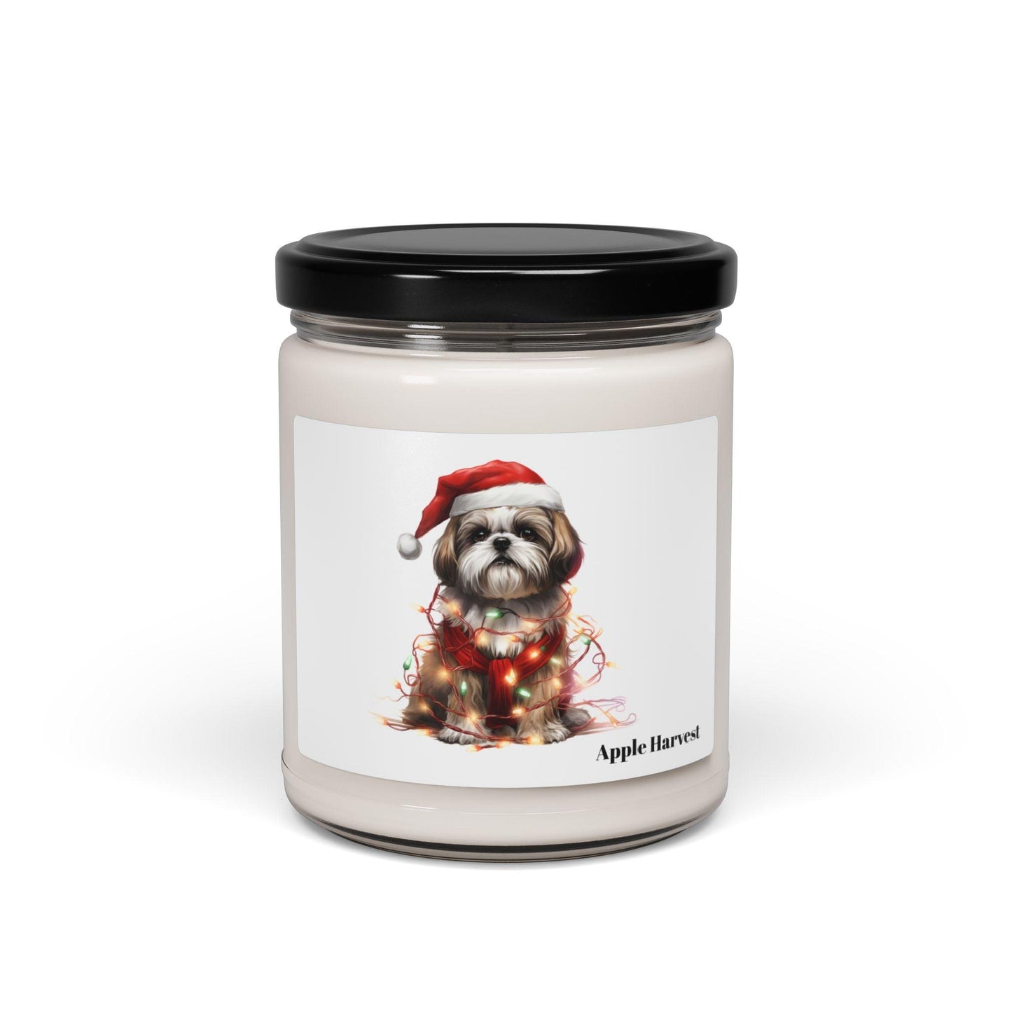 Shih Tzu Wearing a Christmas Hat and Wrapped in Lights Scented Soy Candle - Shih Tzu Gifts