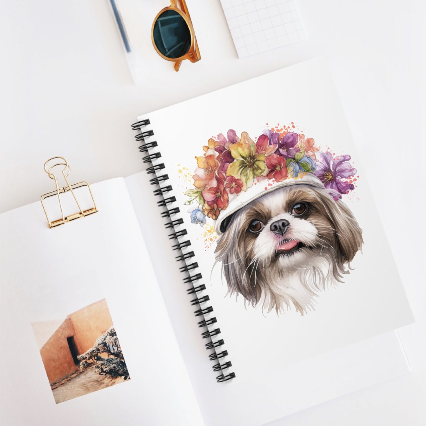 Shih Tzu With Flower Hat Ruled Line Spiral Notebook - Shih Tzu Gifts