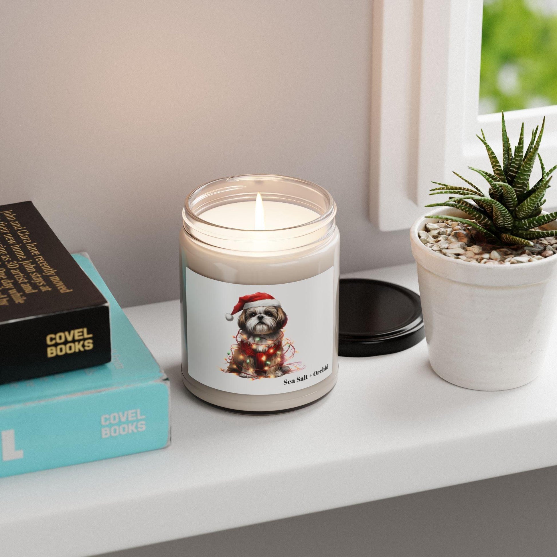 Shih Tzu Wearing a Christmas Hat and Wrapped in Lights Scented Soy Candle - Shih Tzu Gifts