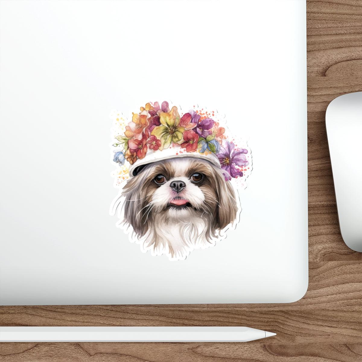 Shih Tzu With Flower Hat Die-Cut Stickers - Shih Tzu Gifts