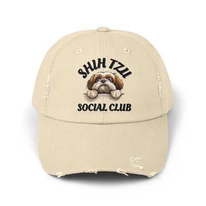 Shih Tzu Social Club Distressed Hat – Adjustable Cotton Twill Cap