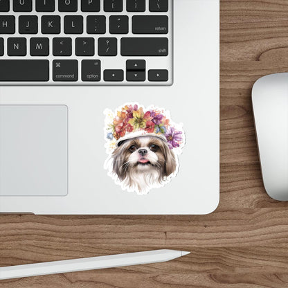 Shih Tzu With Flower Hat Die-Cut Stickers - Shih Tzu Gifts