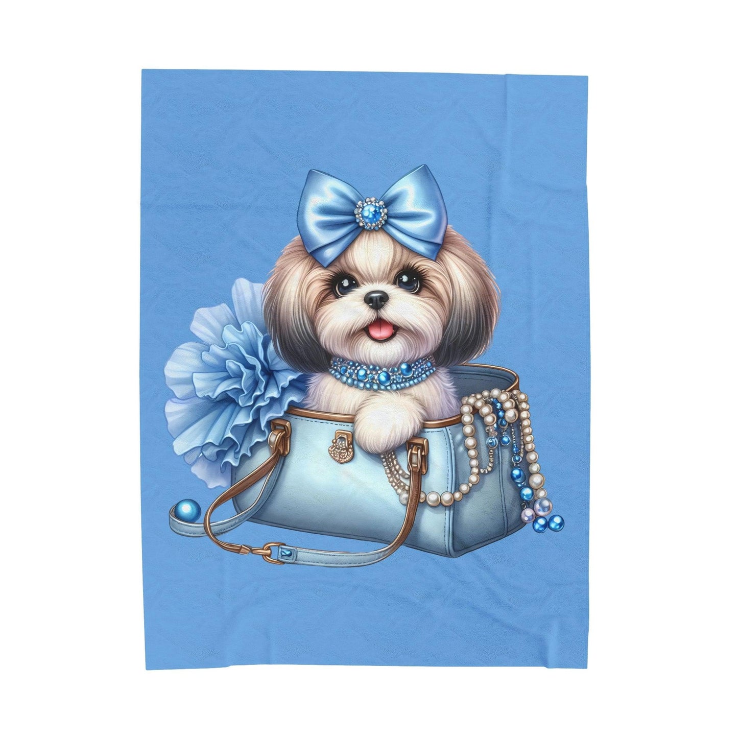 Blue Bow Shih Tzu Velveteen Plush Blanket - Shih Tzu Gifts