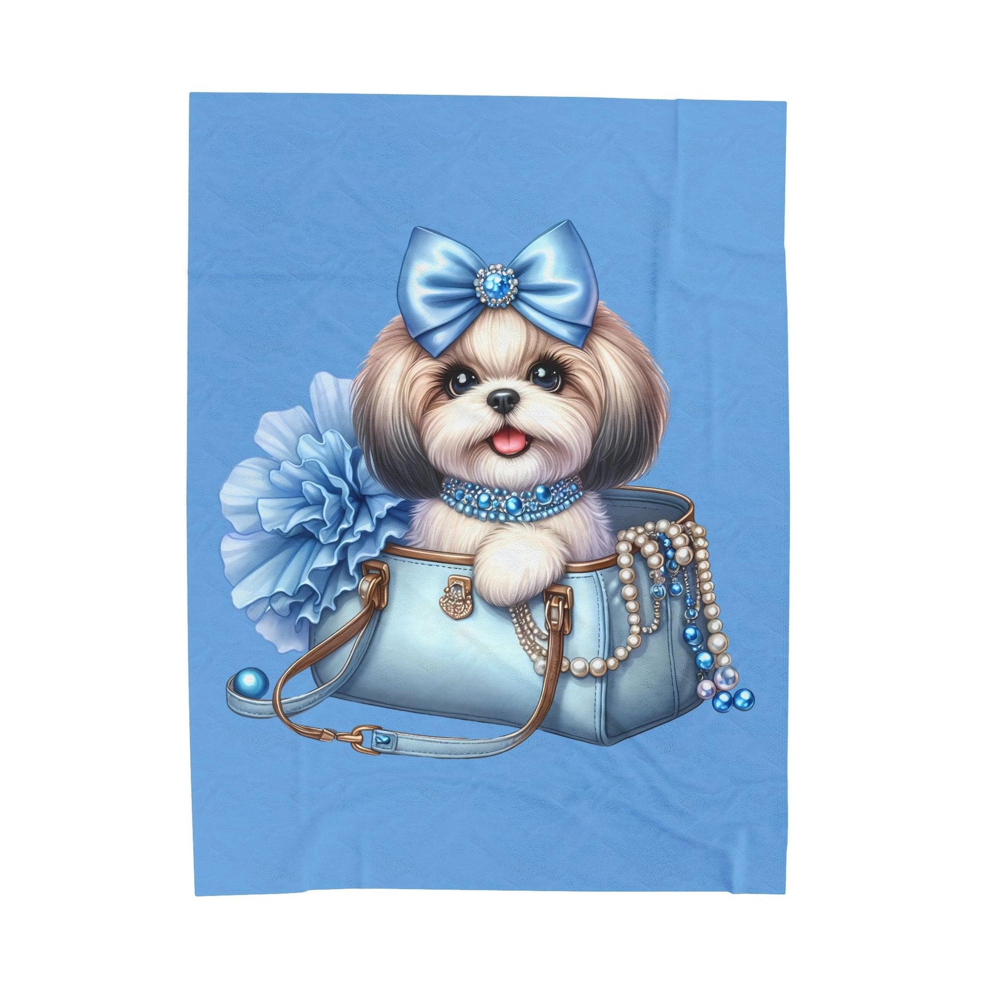 Blue Bow Shih Tzu Velveteen Plush Blanket - Shih Tzu Gifts