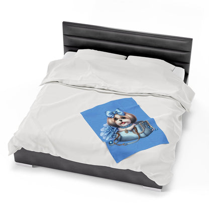 Blue Bow Shih Tzu Velveteen Plush Blanket - Shih Tzu Gifts