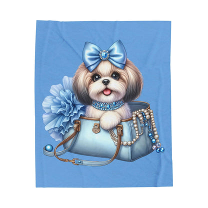 Blue Bow Shih Tzu Velveteen Plush Blanket - Shih Tzu Gifts