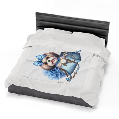 Blue Bow Shih Tzu Velveteen Plush Blanket - Shih Tzu Gifts