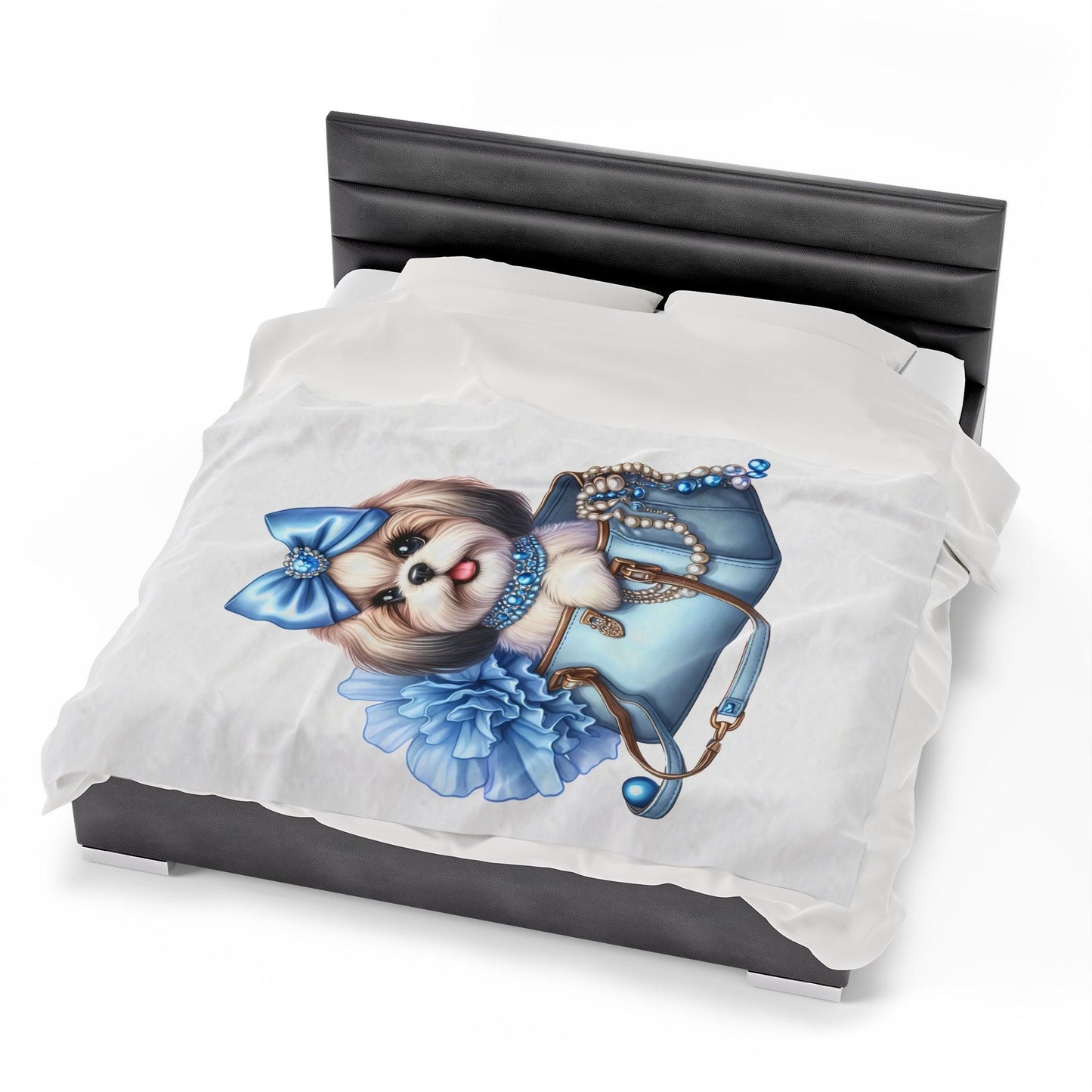 Blue Bow Shih Tzu Velveteen Plush Blanket - Shih Tzu Gifts