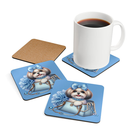 Blue Bow Shih Tzu Corkwood Coaster Set