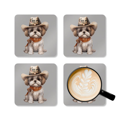 Cowboy Shih Tzu Corkwood Coaster Set