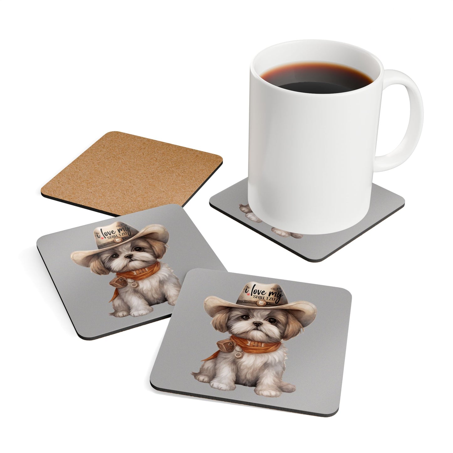 Cowboy Shih Tzu Corkwood Coaster Set