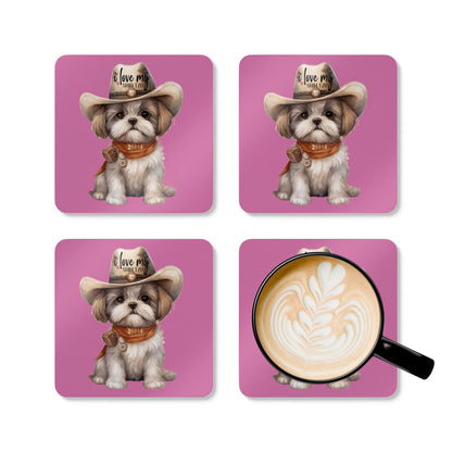 Cowboy Shih Tzu Corkwood Coaster Set